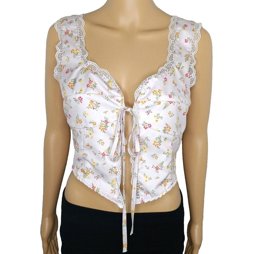 Floral Crop Top Cotton Blend Lace Trim Front Tie Beachy Women's Size Small